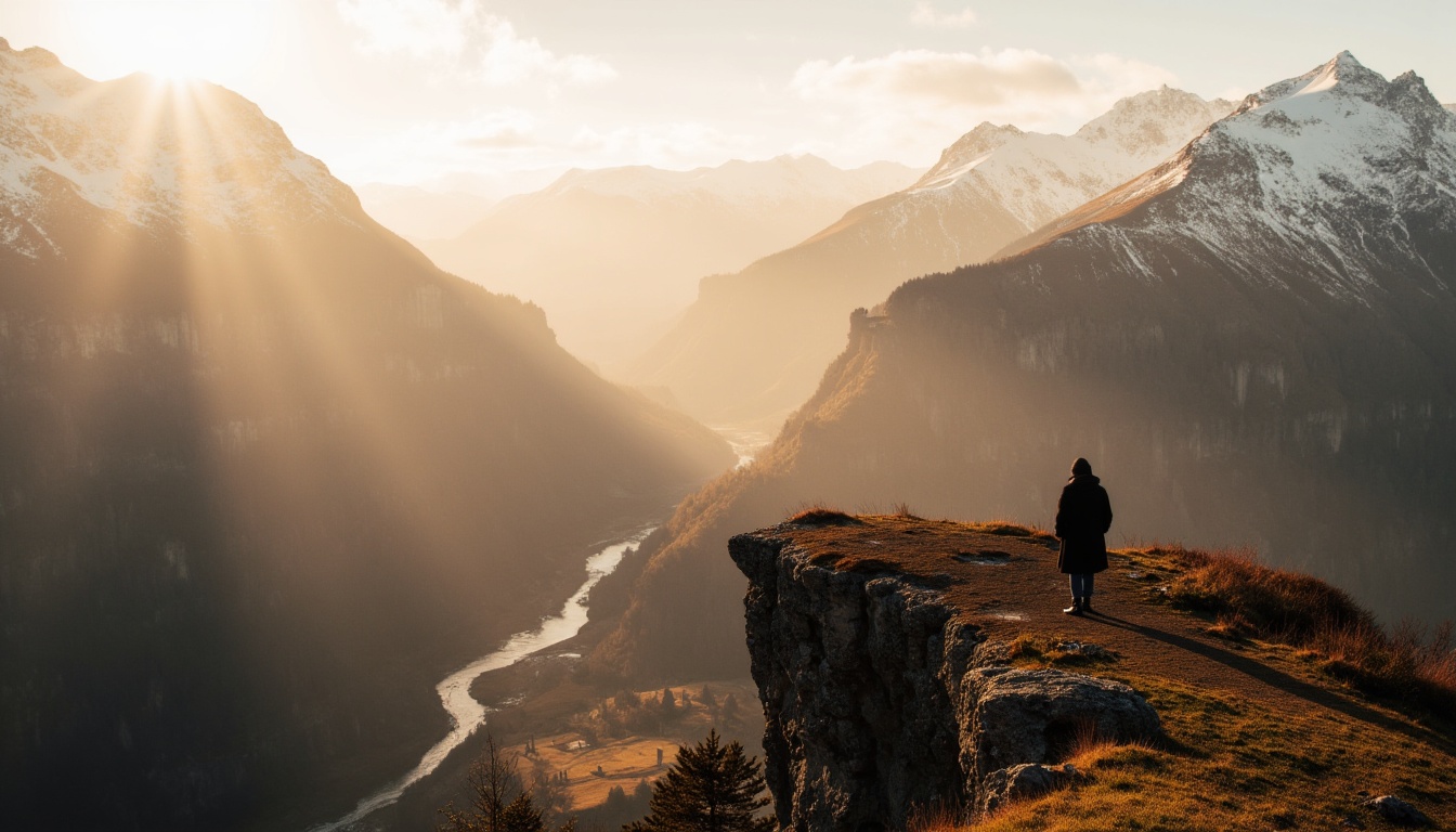 A traveller above a golden Himalayan valley
